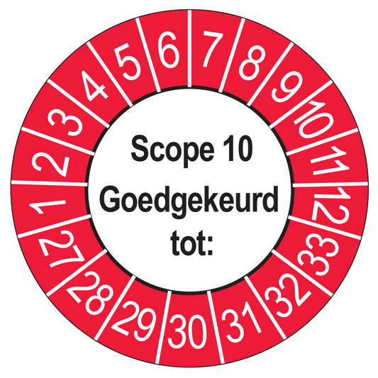 Keuringssticker SCIOS Scope 10 Goedgekeurd tot, buiten rood, Ø 35 mm