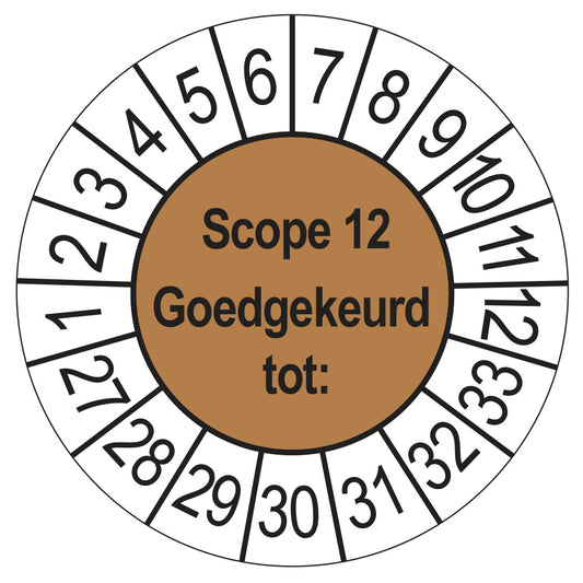 Keuringssticker SCIOS Scope 12 Goedgekeurd tot, bruin, Ø 35 mm