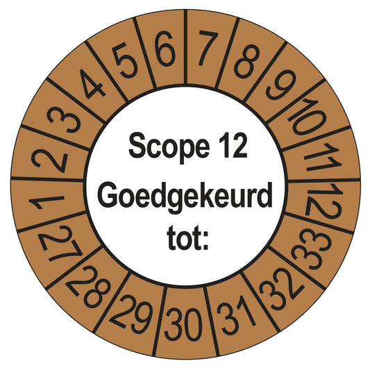 Keuringssticker SCIOS Scope 12 Goedgekeurd tot, buiten bruin, Ø 35 mm