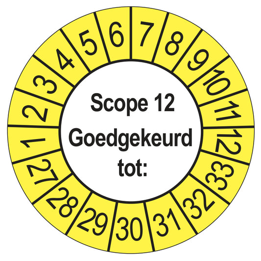 Keuringssticker SCIOS Scope 12 Goedgekeurd tot, buiten geel, Ø 35 mm
