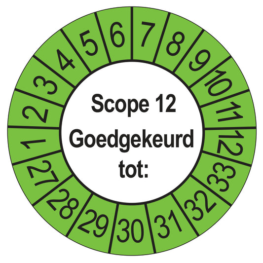 Keuringssticker SCIOS Scope 12 Goedgekeurd tot, buiten groen, Ø 35 mm
