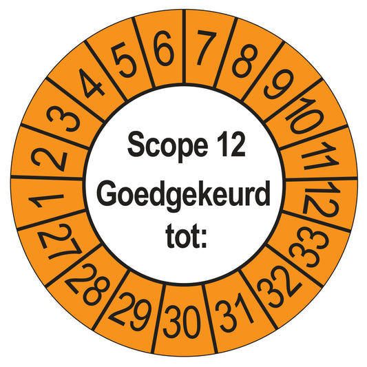 Keuringssticker SCIOS Scope 12 Goedgekeurd tot, buiten oranje, Ø 35 mm
