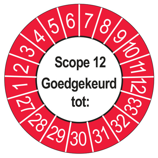 Keuringssticker SCIOS Scope 12 Goedgekeurd tot, buiten rood, Ø 35 mm