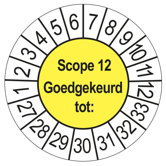 Keuringssticker SCIOS Scope 12 Goedgekeurd tot, geel, Ø 35 mm