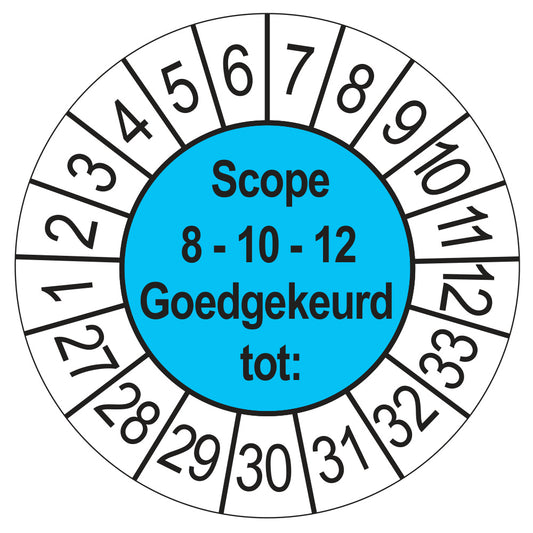 Keuringssticker SCIOS Scope 8/10/12 Goedgekeurd tot, blauw, Ø 35 mm