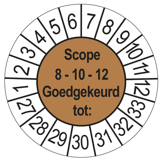 Keuringssticker SCIOS Scope 8/10/12 Goedgekeurd tot, bruin, Ø 35 mm