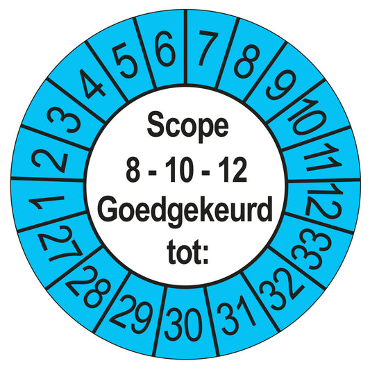 Keuringssticker SCIOS Scope 8/10/12 Goedgekeurd tot, buiten blauw, Ø 35 mm