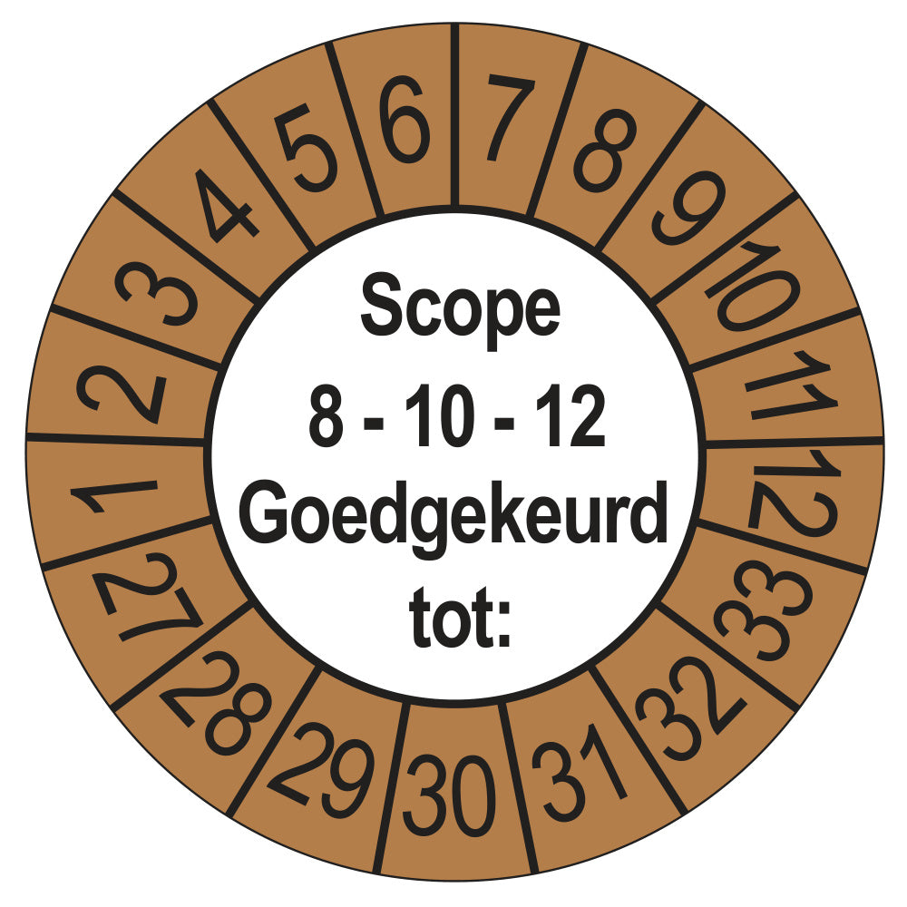 Keuringssticker SCIOS Scope 8/10/12 Goedgekeurd tot, buiten bruin, Ø 35 mm