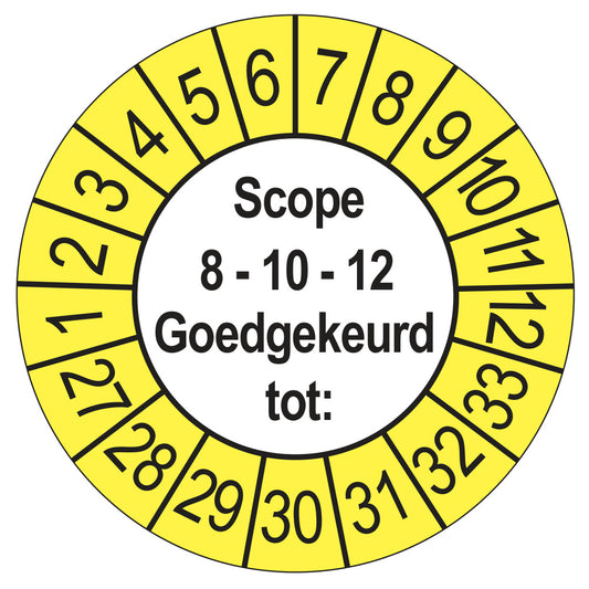 Keuringssticker SCIOS Scope 8/10/12 Goedgekeurd tot, buiten geel, Ø 35 mm