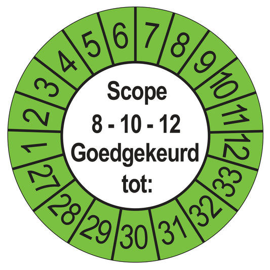 Keuringssticker SCIOS Scope 8/10/12 Goedgekeurd tot, buiten groen, Ø 35 mm