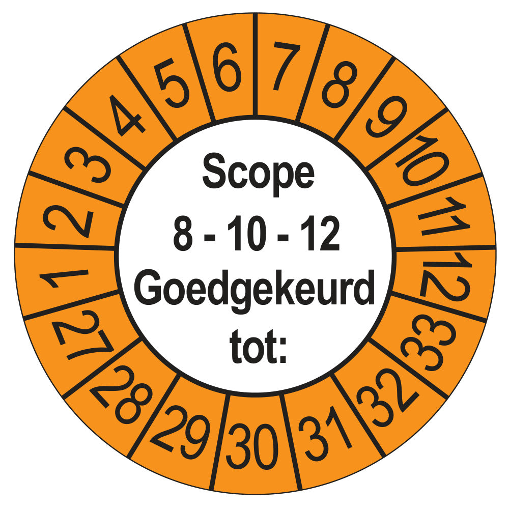 Keuringssticker SCIOS Scope 8/10/12 Goedgekeurd tot, buiten oranje, Ø 35 mm