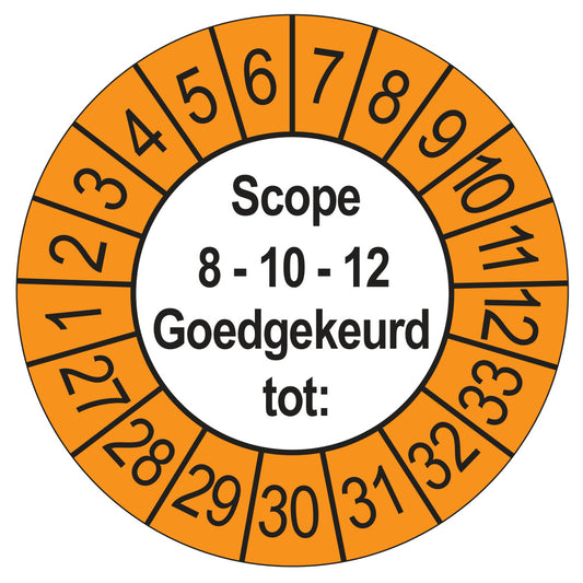 Keuringssticker SCIOS Scope 8/10/12 Goedgekeurd tot, buiten oranje, Ø 35 mm