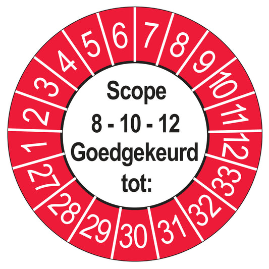 Keuringssticker SCIOS Scope 8/10/12 Goedgekeurd tot, buiten rood, Ø 35 mm