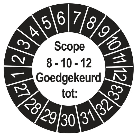 Keuringssticker SCIOS Scope 8/10/12 Goedgekeurd tot, buiten zwart, Ø 35 mm