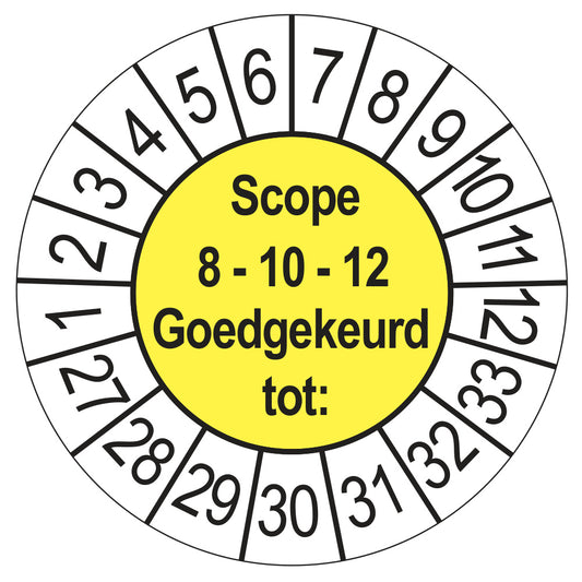 Keuringssticker SCIOS Scope 8/10/12 Goedgekeurd tot, geel, Ø 35 mm
