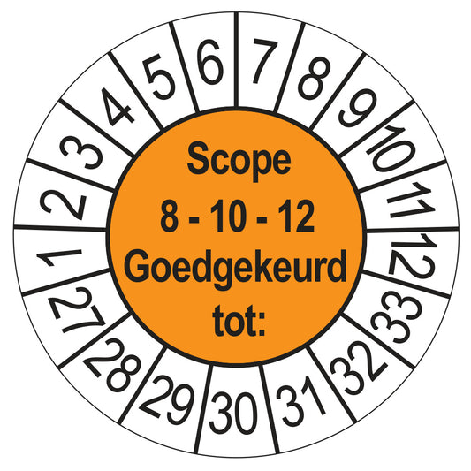 Keuringssticker SCIOS Scope 8/10/12 Goedgekeurd tot, oranje, Ø 35 mm