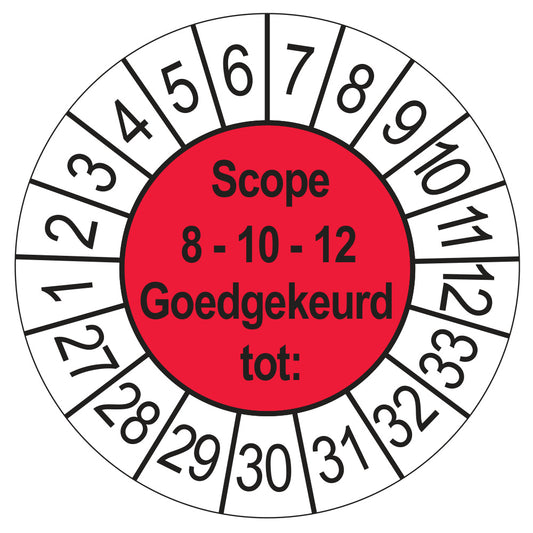 Keuringssticker SCIOS Scope 8/10/12 Goedgekeurd tot, rood, Ø 35 mm