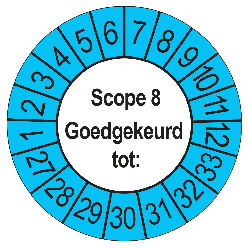 Keuringssticker SCIOS Scope 8 Goedgekeurd tot, buiten blauw, Ø 35 mm