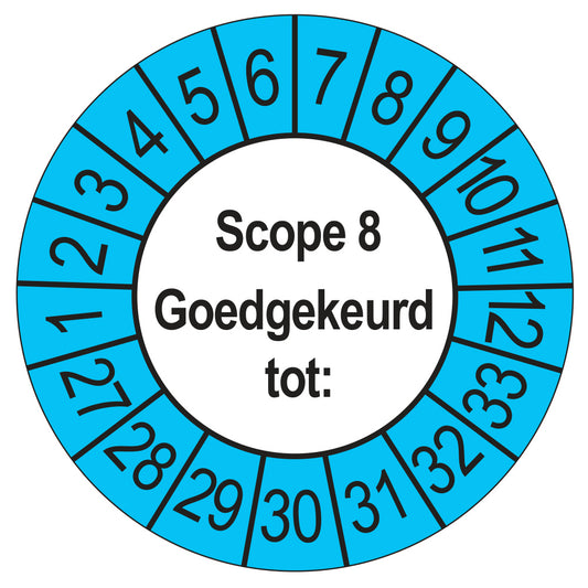 Keuringssticker SCIOS Scope 8 Goedgekeurd tot, buiten blauw, Ø 35 mm