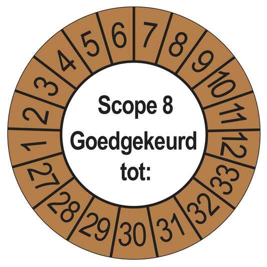 Keuringssticker SCIOS Scope 8 Goedgekeurd tot, buiten bruin, Ø 35 mm