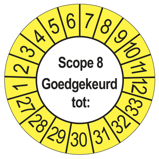 Keuringssticker SCIOS Scope 8 Goedgekeurd tot, buiten geel, Ø 35 mm