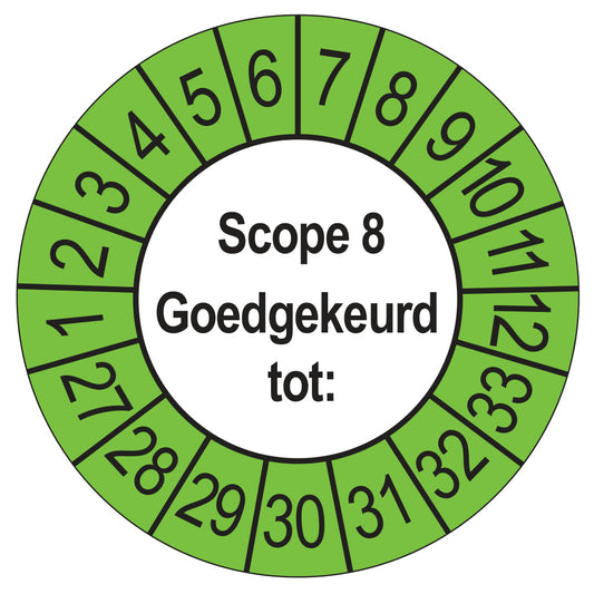 Keuringssticker SCIOS Scope 8 Goedgekeurd tot, buiten groen, Ø 35 mm