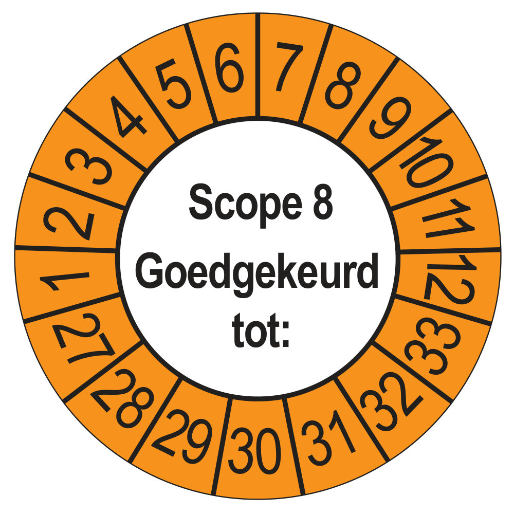 Keuringssticker SCIOS Scope 8 Goedgekeurd tot, buiten oranje, Ø 35 mm