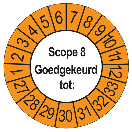 Keuringssticker SCIOS Scope 8 Goedgekeurd tot, buiten oranje, Ø 35 mm