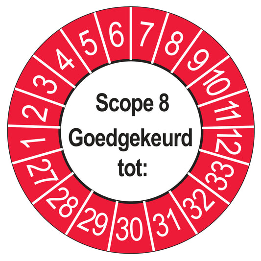 Keuringssticker SCIOS Scope 8 Goedgekeurd tot, buiten rood, Ø 35 mm