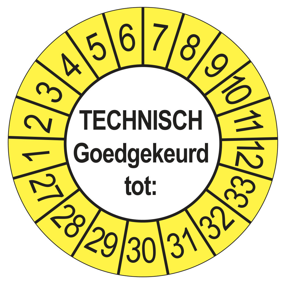 Keuringssticker Technisch Goedgekeurd tot buiten geel, Ø 35 mm