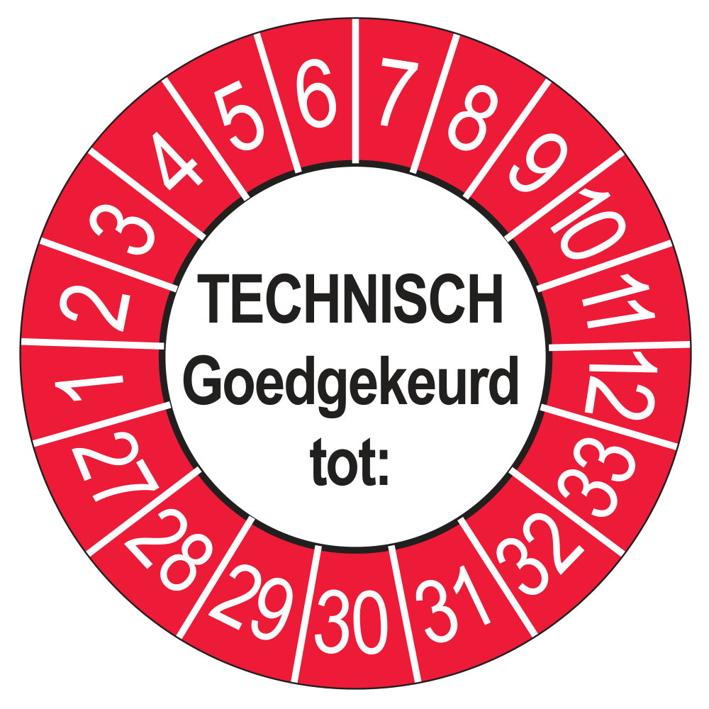 Keuringssticker Technisch Goedgekeurd tot buiten rood, Ø 35 mm