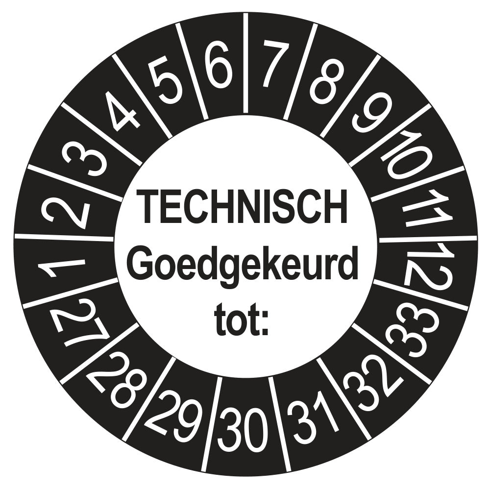 Keuringssticker Technisch Goedgekeurd tot buiten zwart, Ø 35 mm
