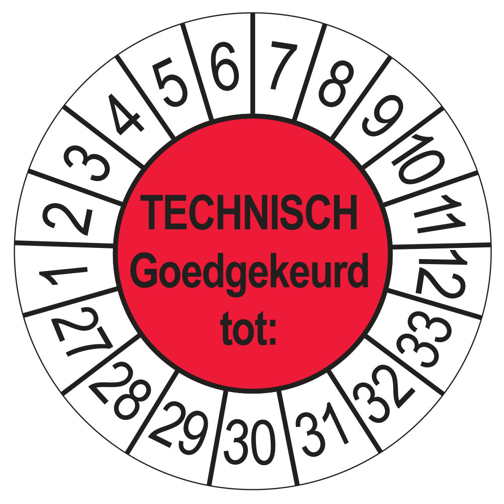 Keuringssticker Technisch Goedgekeurd tot rood, Ø 35 mm