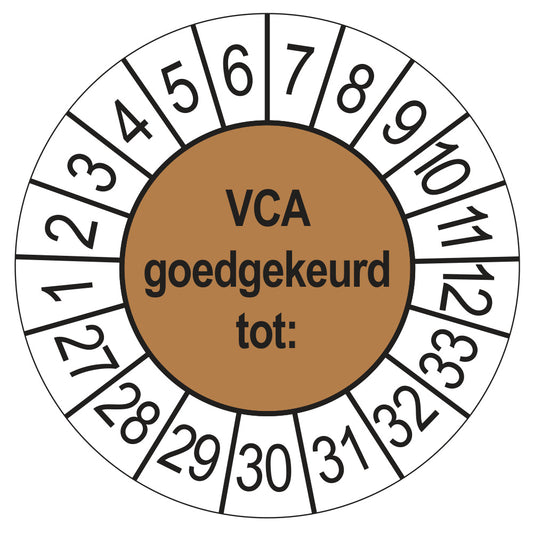 Keuringsstickers VCA 2027 | 50 stuks, Ø 35 mm | Bruin