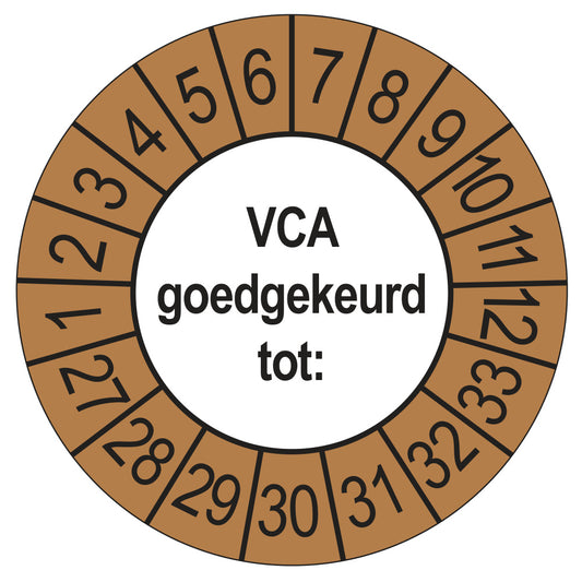 Keuringsstickers VCA 2027 | 50 stuks, Ø 35 mm | Buiten Bruin