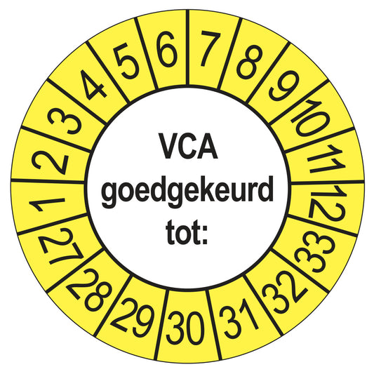 Keuringsstickers VCA 2027 | 50 stuks, Ø 35 mm | Buiten Geel