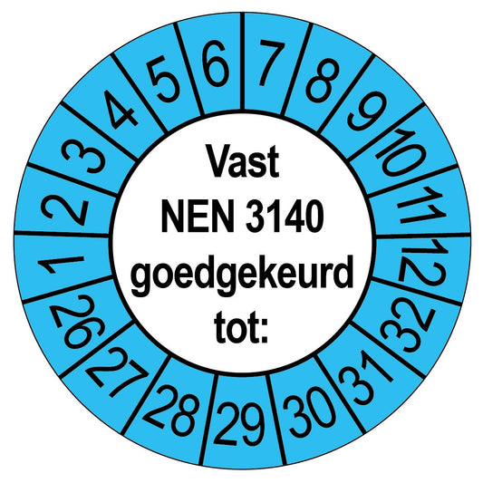 Keuringssticker Vast NEN 3140 goedgekeurd tot, rond 35 mm, wit met blauwe buitenrand