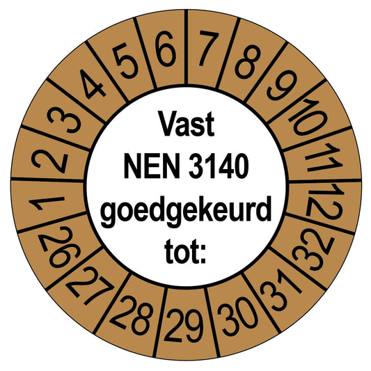Keuringssticker Vast NEN 3140 goedgekeurd tot, rond 35 mm, wit met bruine buitenrand