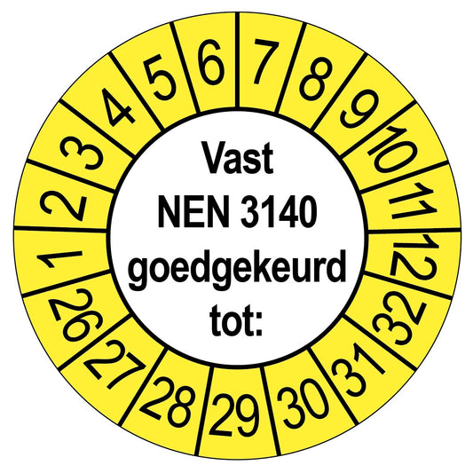 Keuringssticker Vast NEN 3140 goedgekeurd tot, rond 35 mm, wit met gele buitenrand