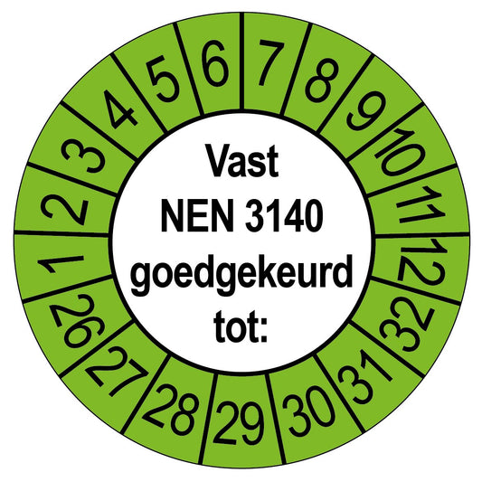 Keuringssticker Vast NEN 3140 goedgekeurd tot, rond 35 mm, wit met groene buitenrand