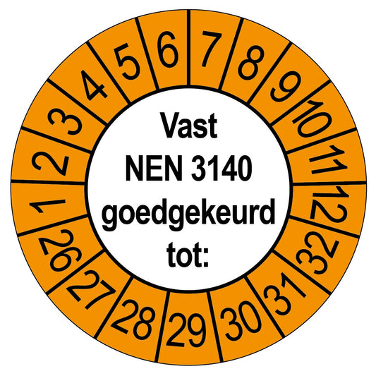 Keuringssticker Vast NEN 3140 goedgekeurd tot, rond 35 mm, wit met oranje buitenrand