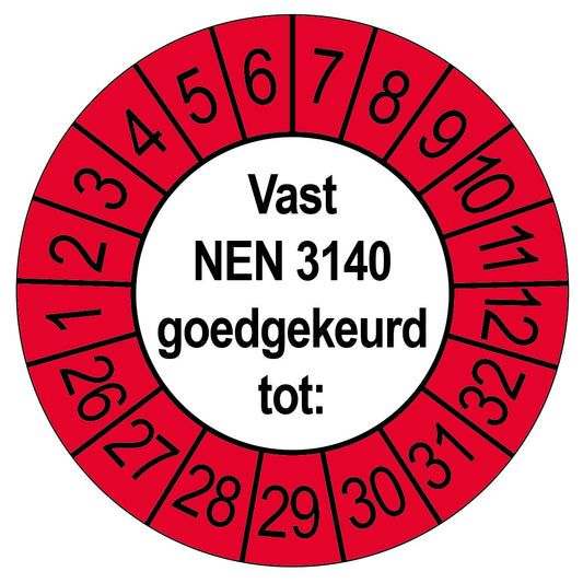 Keuringssticker Vast NEN 3140 goedgekeurd tot, rond 35 mm, wit met rode buitenrand