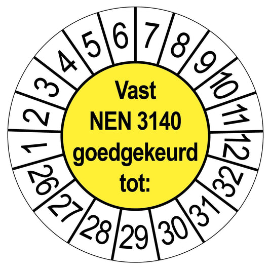 Gele keuringssticker Vast NEN 3140 goedgekeurd tot, rond 35 mm, met maand- en jaarrand