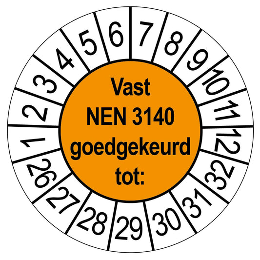 Oranje keuringssticker Vast NEN 3140 goedgekeurd tot, rond 35 mm, met maand- en jaarrand