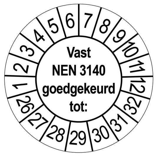 Witte keuringssticker Vast NEN 3140 goedgekeurd tot, rond 35 mm, met maand- en jaarrand
