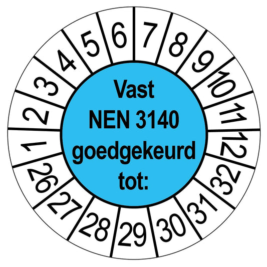 Blauwe keuringssticker Vast NEN 3140 goedgekeurd tot, rond 35 mm, met maand- en jaarrand