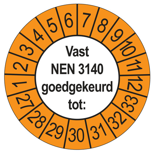 Vast NEN 3140 keuringssticker buiten oranje 2027