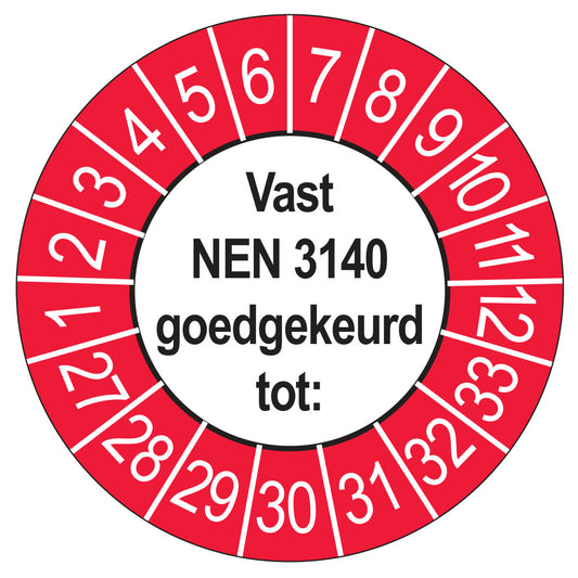 Vast NEN 3140 keuringssticker buiten rood 2027