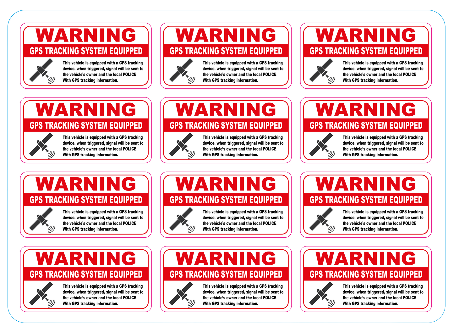 12 stickers 60 x 30 mm | Warning GPS TRACKING SYSTEM EQUIPPED | Vinyl