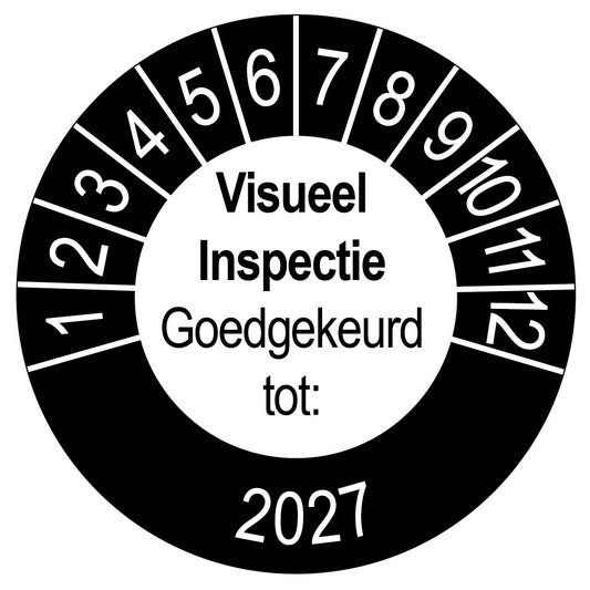 Keuringssticker Visueel Inspectie Goedgekeurd tot, wit met zwarte buitenrand, rond 35 mm vinyl